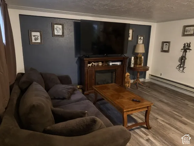 Room featuring wood-finish flooring, a dark-toned accent wall, and a built-in electric fireplace console