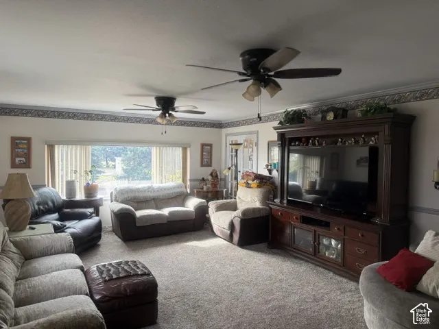Living area featuring large windows with integrated blinds, crown molding, and two ceiling fans with integrated lighting