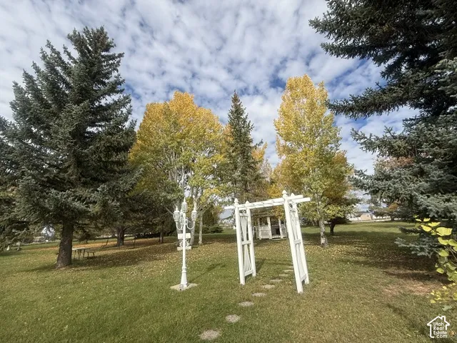 Expansive grounds featuring mature evergreen and deciduous trees, a white arbor, a decorative metal lamp post, and stone garden path