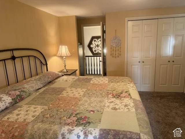 Room featuring neutral-toned walls, carpeting, and dual bi-fold closet doors
