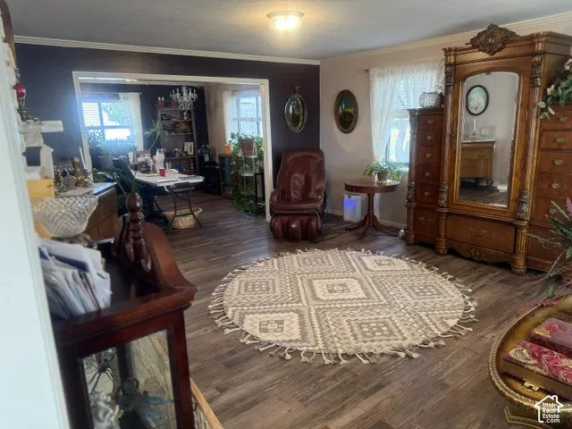Wood-finish flooring, multi-tone wall finishes, and overhead lighting fixtures