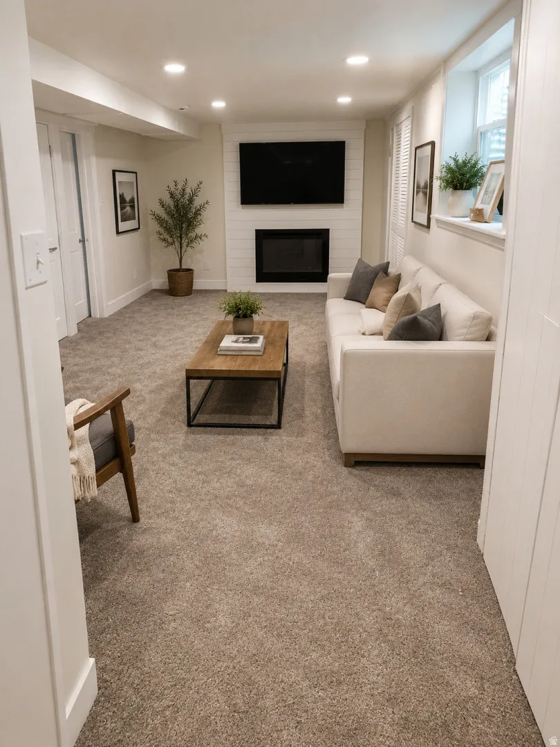 Recessed lighting, wall-mounted fireplace, shiplap accent wall, plush carpet, and a window with natural light