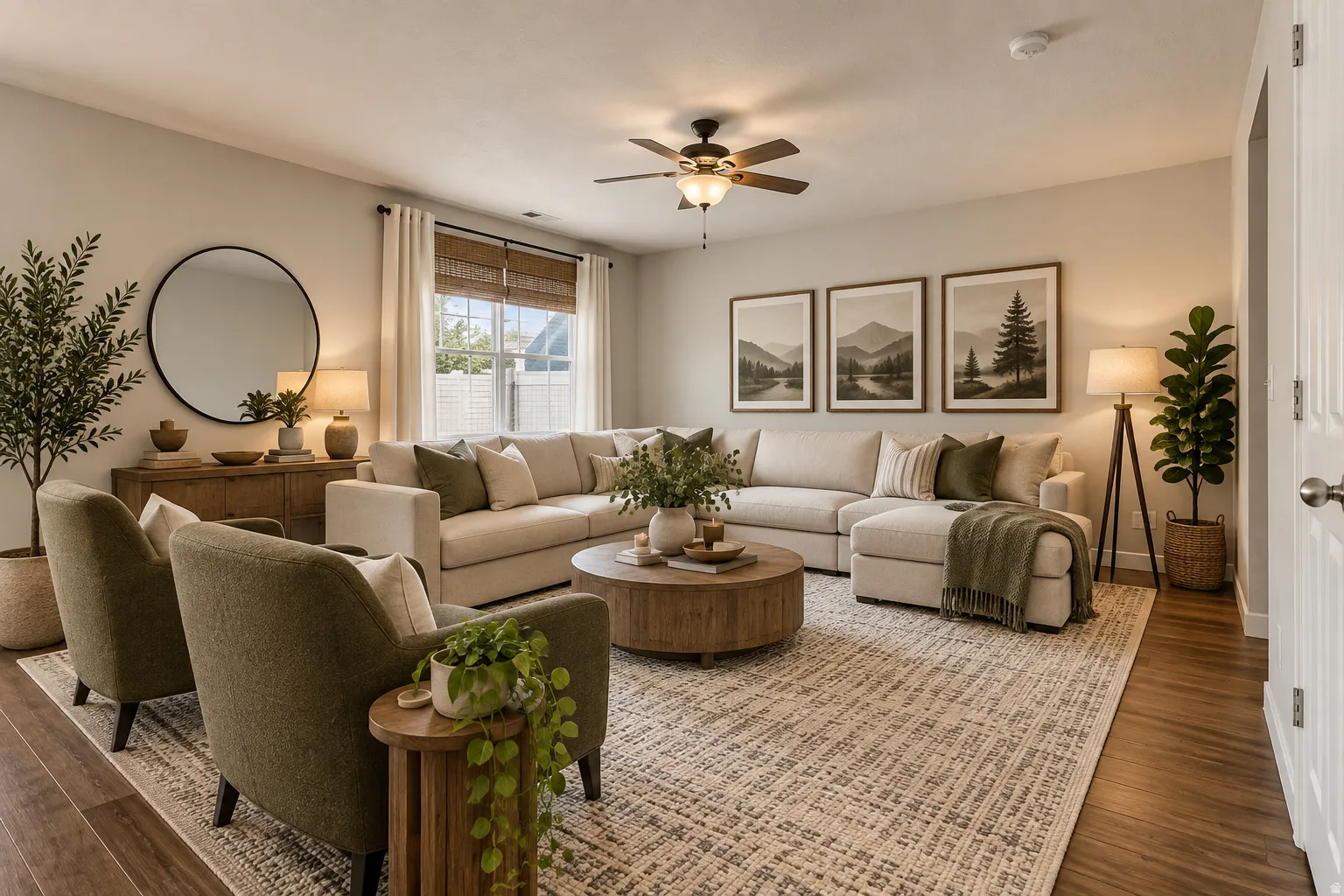 Wood-finish flooring throughout, light-toned wall paint, and a ceiling fan with integrated lighting