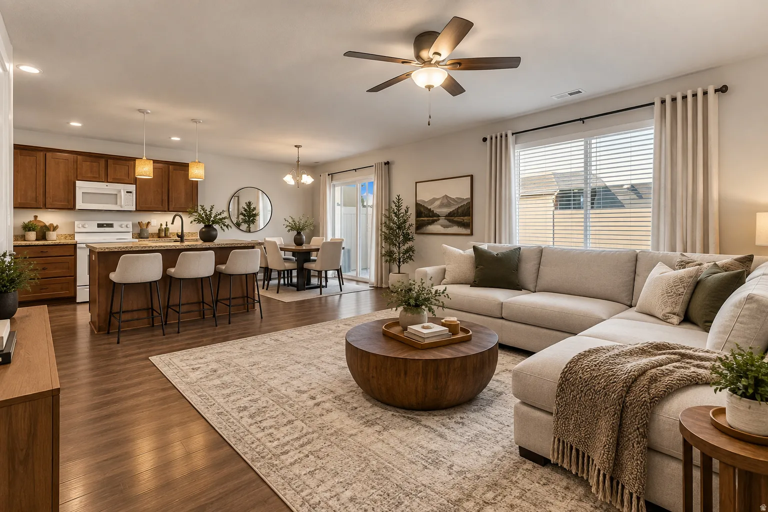 Open-concept living area featuring wood-finish flooring, a kitchen island with seating, pendant lighting, and a dining area with direct outdoor access