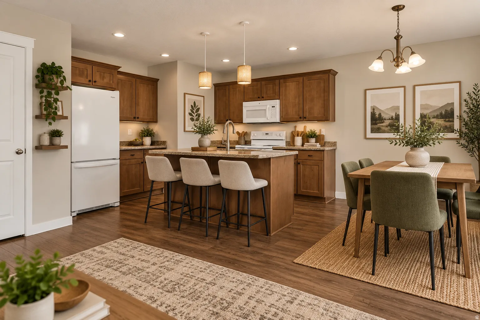 Open-concept kitchen and dining area featuring wood-finish flooring, recessed lighting, a kitchen island with seating, and a built-in white appliance package