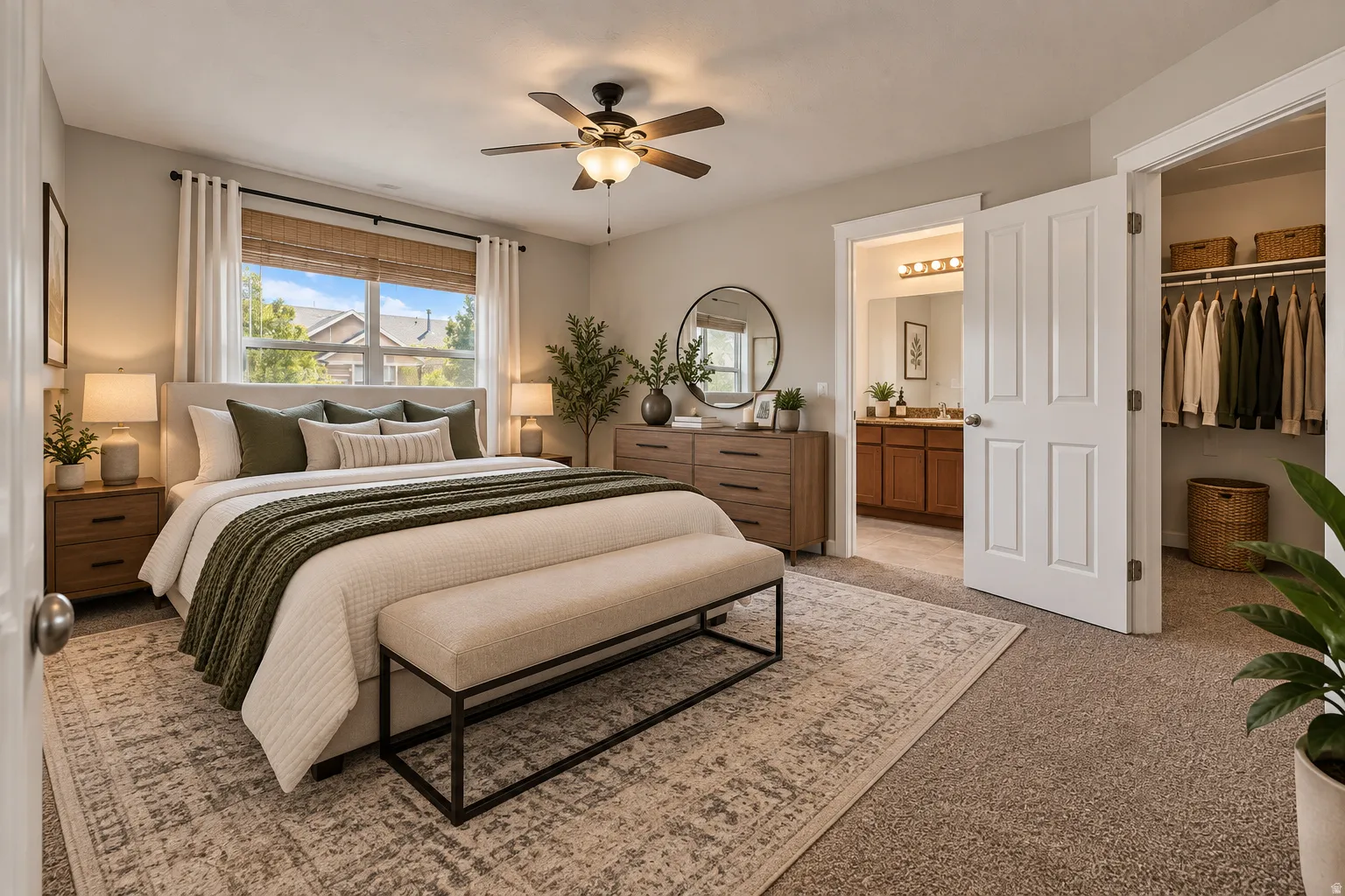 Spacious room with a ceiling fan, large window, and an en-suite bathroom featuring a double vanity