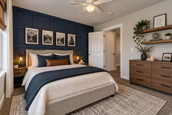 Accent wall featuring panel molding and a deep blue finish