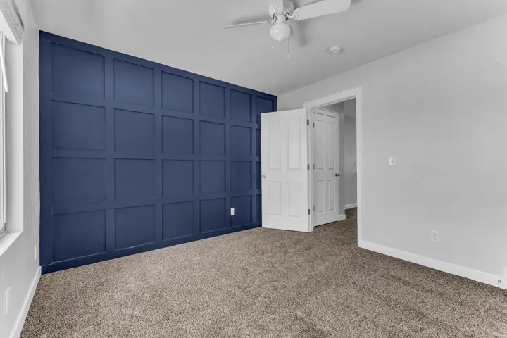 Feature wall with wainscoting, broadloom carpeting, white interior doors, and a ceiling fan