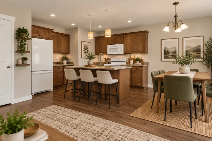 Open-concept kitchen and dining area featuring wood-finish flooring, recessed lighting, a kitchen island with seating, and a built-in white appliance package