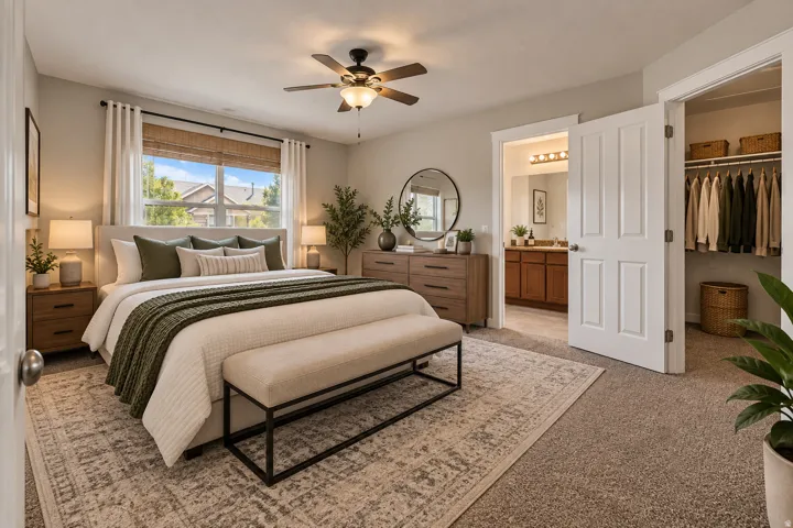 Spacious room with a ceiling fan, large window, and an en-suite bathroom featuring a double vanity
