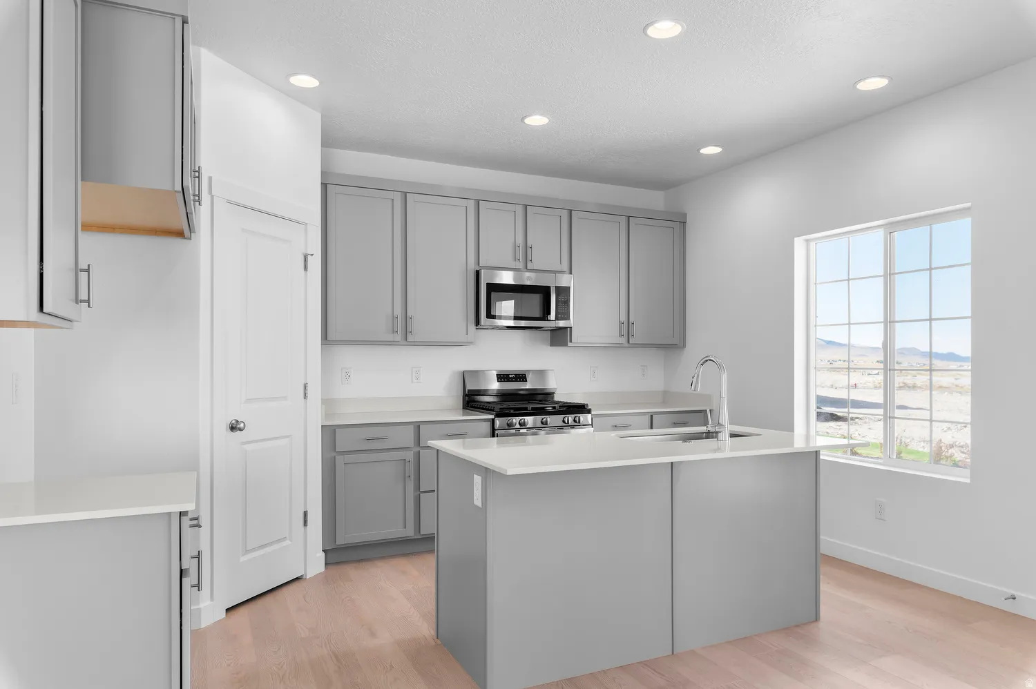 Modern kitchen with light wood-finish flooring, recessed lighting, gray cabinetry, stainless steel appliances, and a central island with an integrated sink