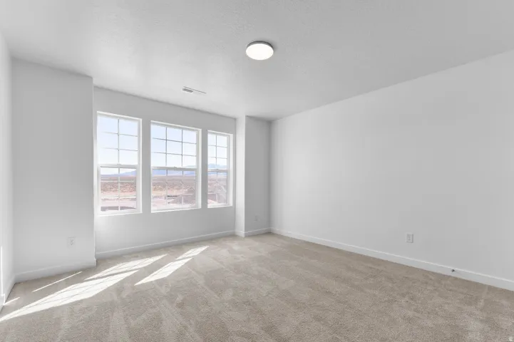 Wall-to-wall carpeting, multiple windows with grid patterns, and a flush mount ceiling light fixture