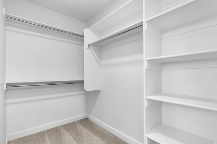Built-in shelving, chrome hanging rods, and neutral carpeting