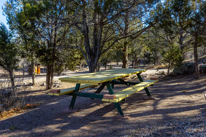 Gravel-covered ground featuring mature trees and a picnic table