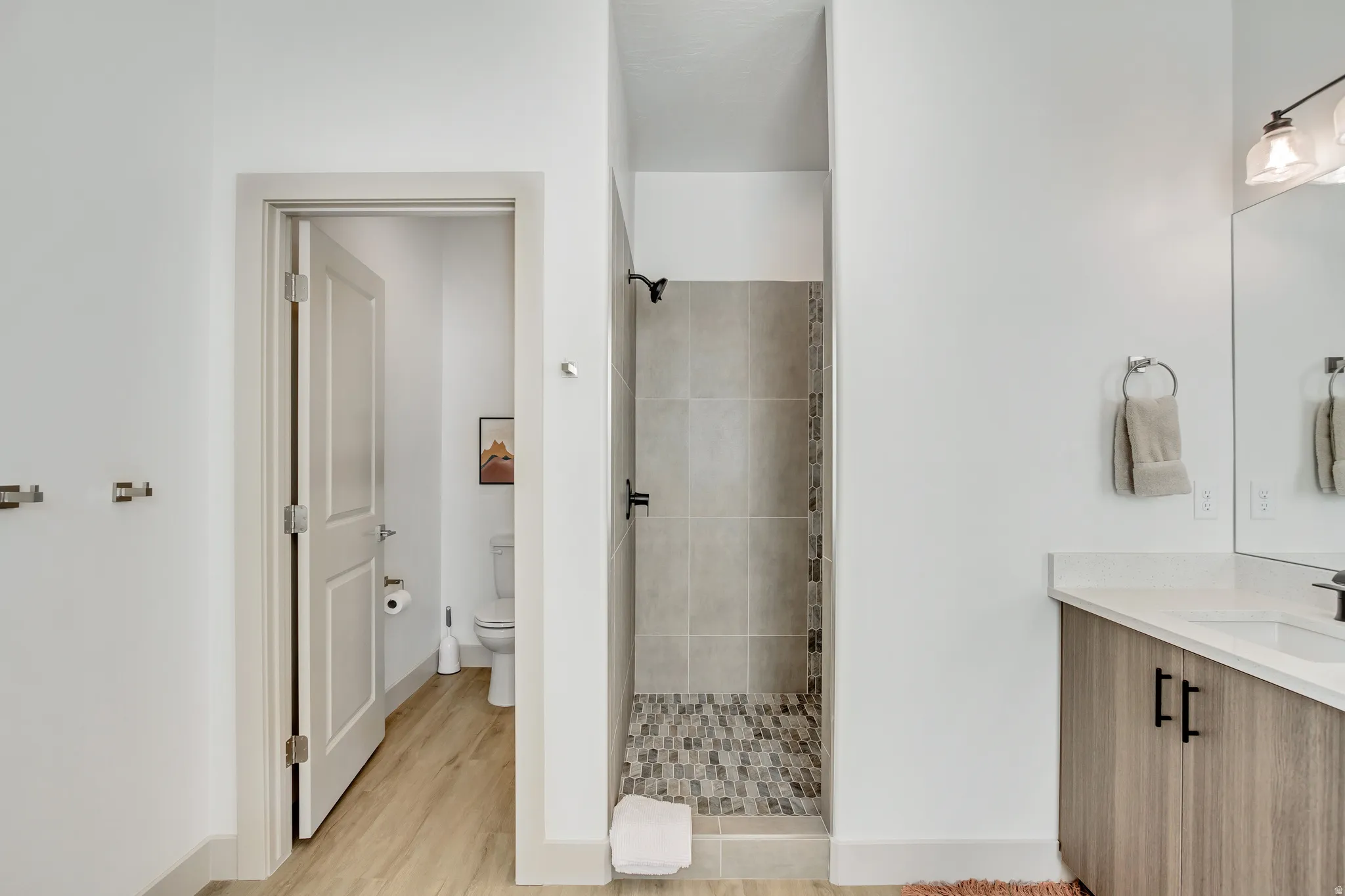 Walk-in shower with tiled walls and a mosaic floor, wood-finish flooring, a vanity with light-colored countertop and a rectangular sink, and a separate water closet