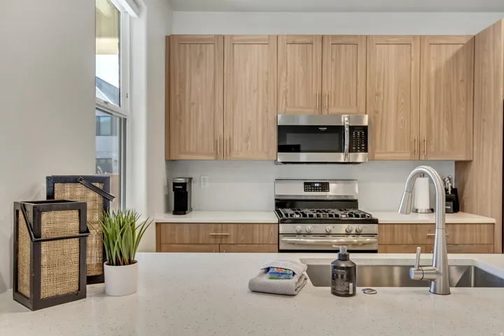 Kitchen featuring wood-finish cabinetry, stainless steel appliances, a gas range, and a single-basin sink with a gooseneck faucet
