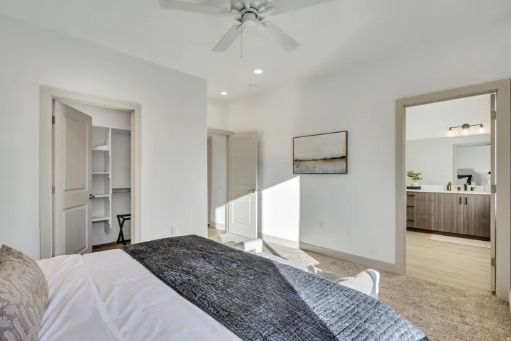 White ceiling fan, recessed lighting, carpeted flooring, built-in closet shelving, wood-finish bathroom vanity