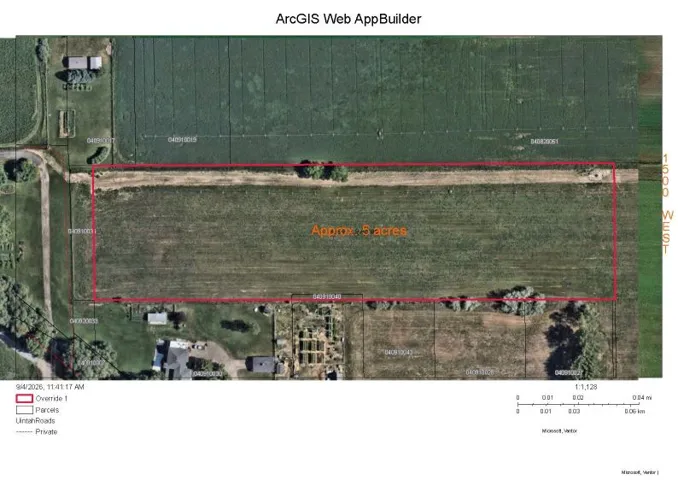 ArcGIS Web AppBuilder Map. Depicting the approximate 5-acre property boundary and surrounding parcels