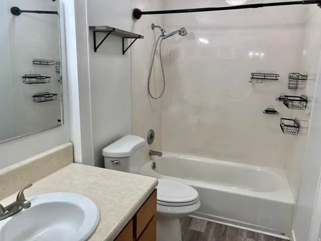 Single vanity with an integrated sink and brushed nickel faucet, a toilet with a chrome flush lever, a white tub with a wall-mounted showerhead, and wood-finish flooring