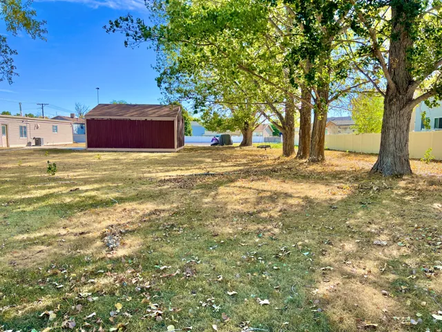 Expansive backyard featuring mature trees, a storage shed with a shingled roof, and a partial privacy fence