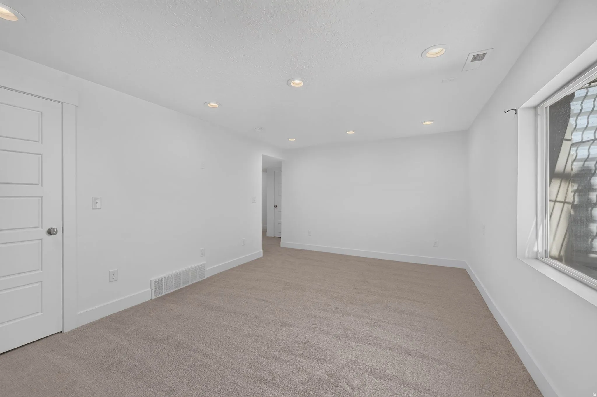 Recessed lighting, neutral-toned carpeting, white five-panel interior door, and a white-framed window