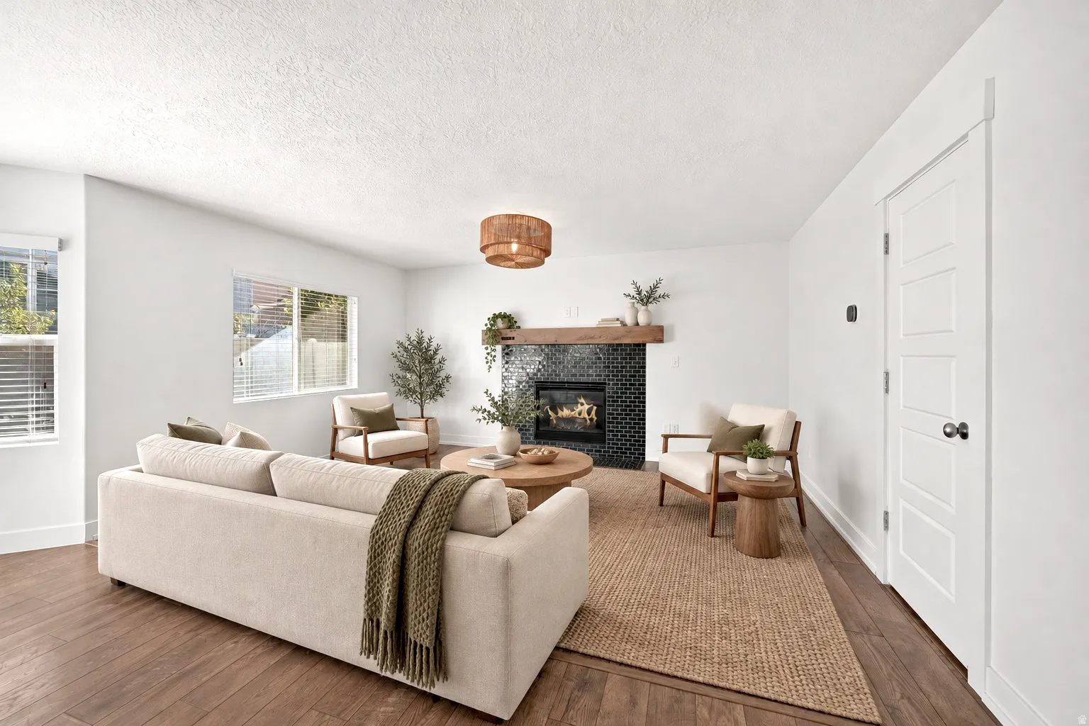 Wood-finish flooring with a textured area rug