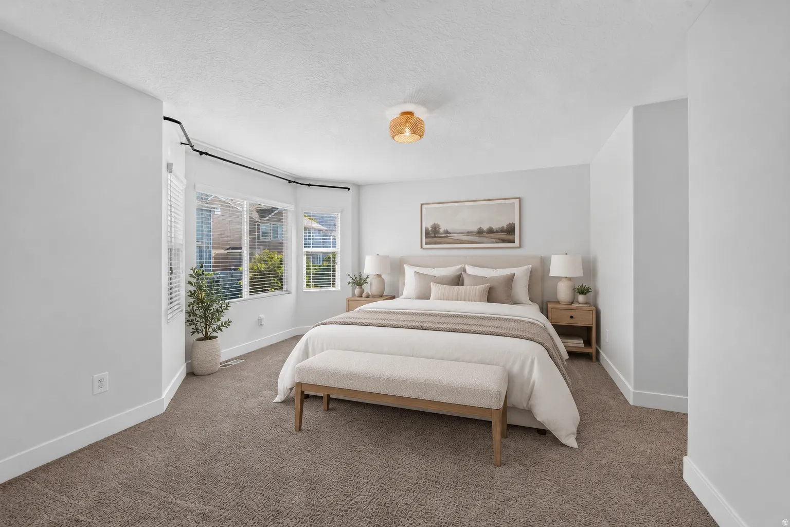 Bay window offering natural light, textured carpet flooring, recessed ceiling light fixture, neutral wall palette, and white trim throughout