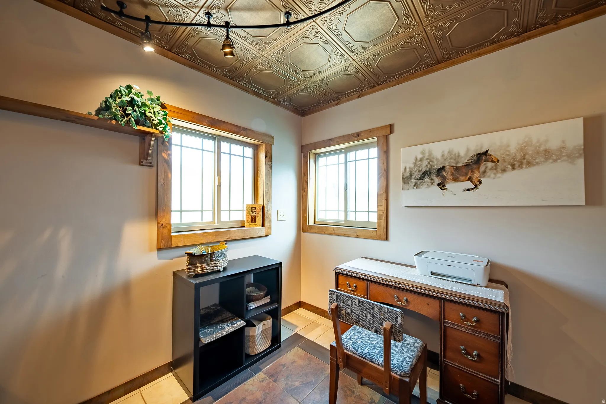 Decorative metal tile ceiling with track lighting