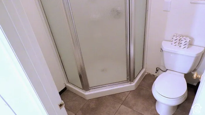 Corner shower enclosure with frosted glass panels, an adjacent toilet, and large format floor tiling