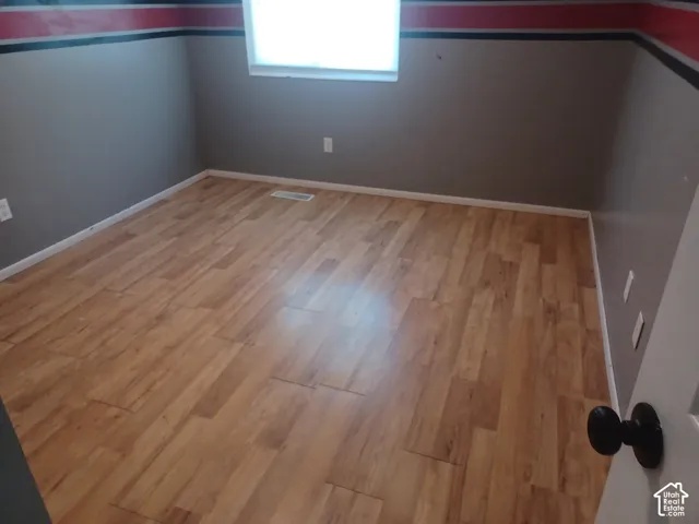 Interior room featuring wood-finish flooring and painted walls with accent striping