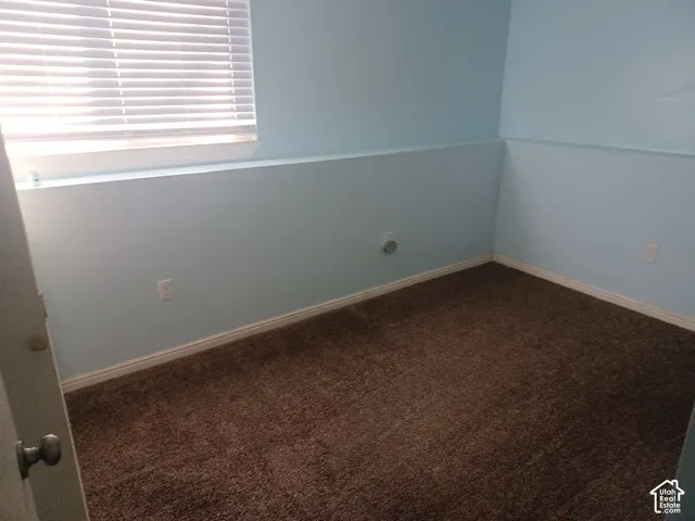 Interior room featuring neutral carpeting, light-toned wall paint, and a horizontal window fitted with adjustable blinds