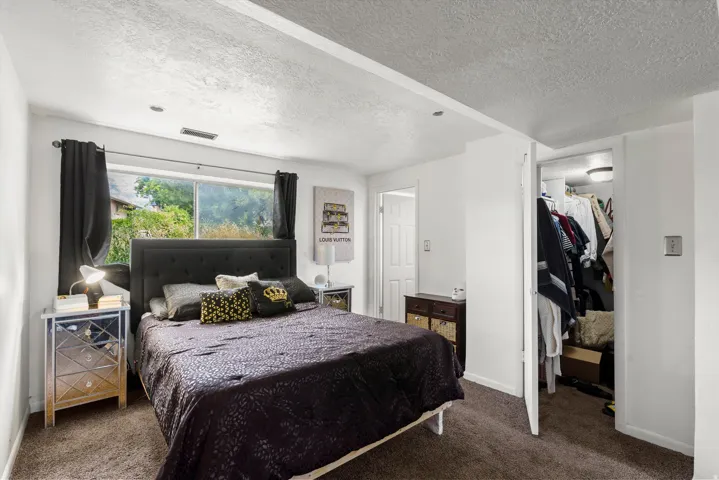 Carpeted flooring, window with exterior view, recessed lighting, and an open closet