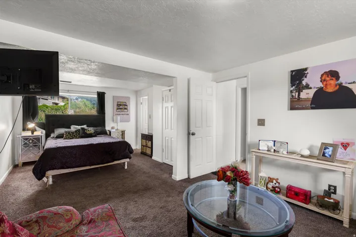 Carpeted room with white walls, a large window, and multiple panel doors
