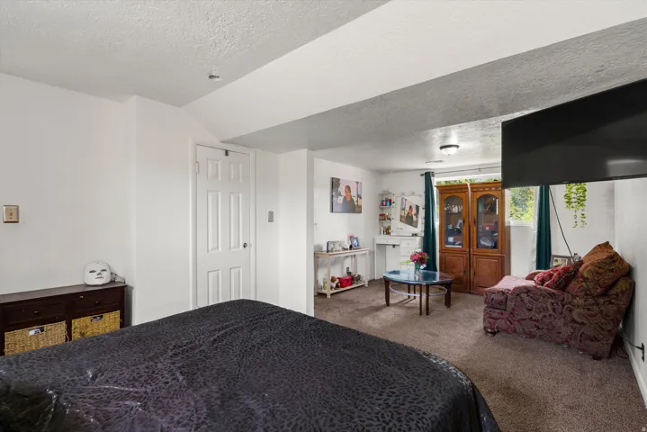 Carpeted flooring, recessed lighting, and a paneled door