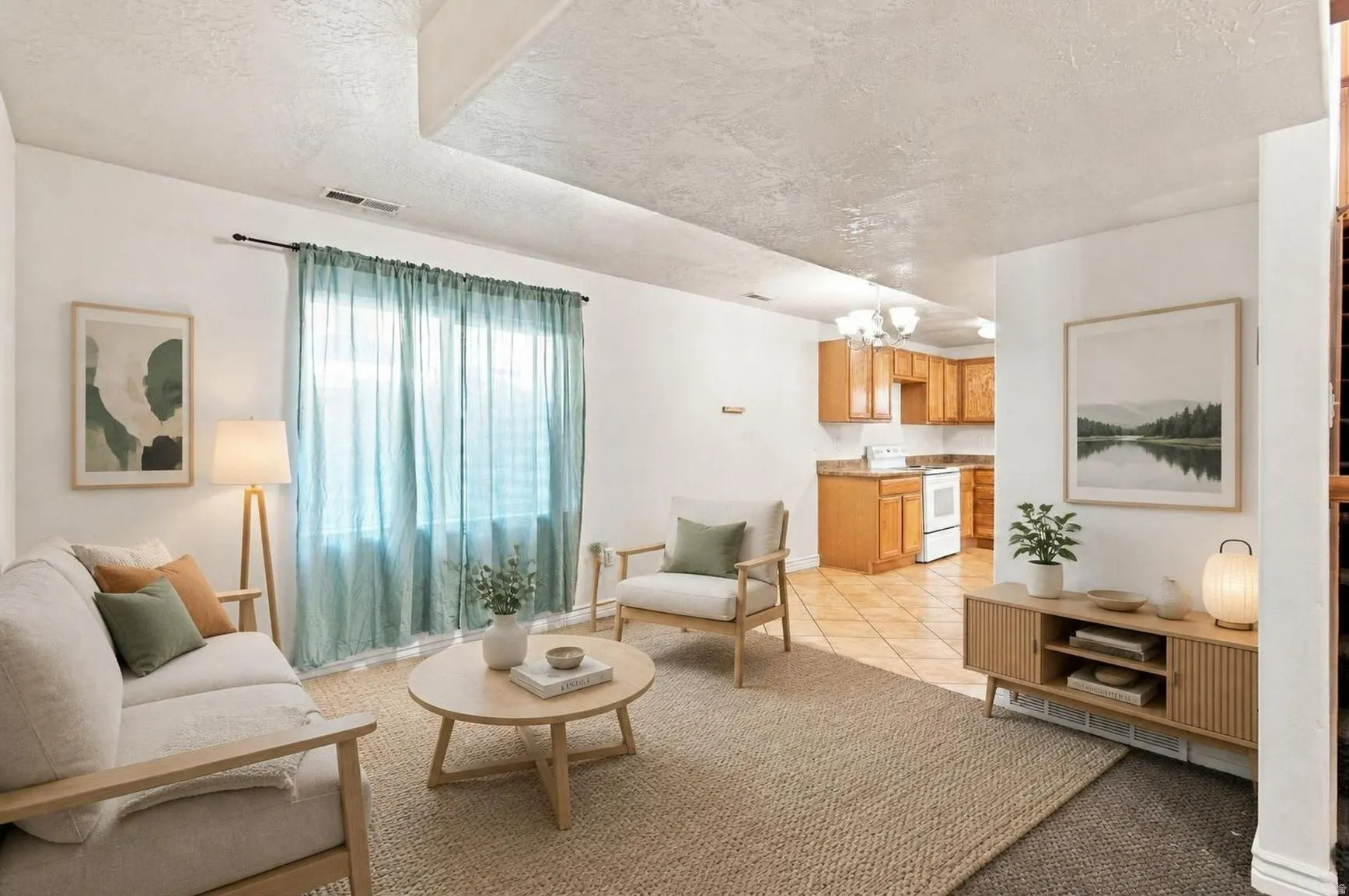 This basement apartment living room provides great space that mirrors the main-level floor plan. This picture has been virtually staged.