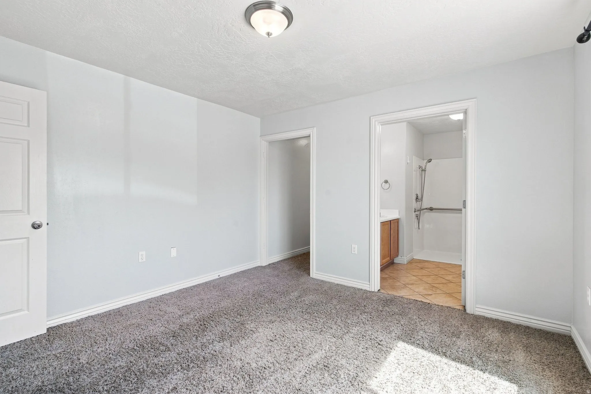 Master bedroom on the main floor. The accessible bathroom is on the right, and the walk-in closet is on the left.