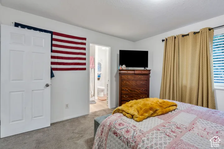 Neutral-toned carpeting, six-panel interior door, and horizontal window blinds