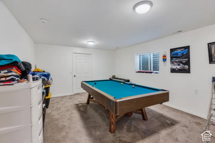 Neutral wall-to-wall carpeting, crisp white interior paint, recessed ceiling lighting, and a single-panel interior door