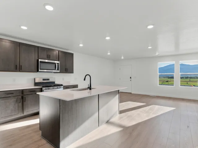 Kitchen featuring dark wood-finish cabinetry, stainless steel appliances, a center island with sink, and light-tone wood-finish flooring