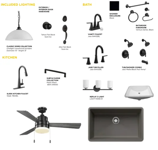 Product Catalog, Fixture and Hardware Selections. Displaying various lighting, kitchen, and bathroom components for the property