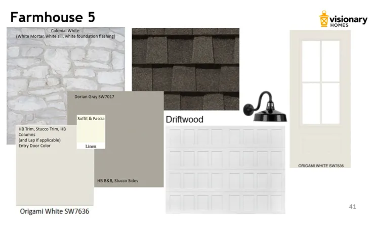 Design Specification. Presenting material and color selections for the property's exterior elements