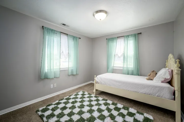 Carpeted room featuring a ceiling-mounted light fixture and two windows with blinds