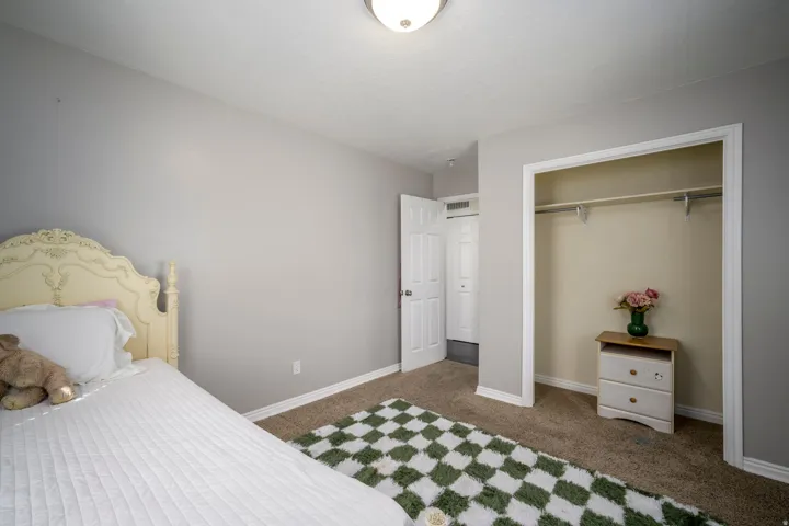 Neutral painted walls with white trim, built-in closet with shelving and hanging rod, and textured carpeting