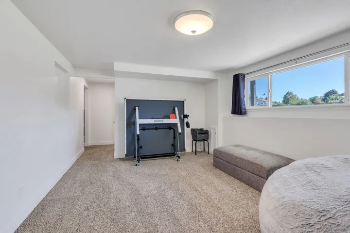 Recessed window with exterior scenery, overhead flush mount lighting, and light-tone carpeting