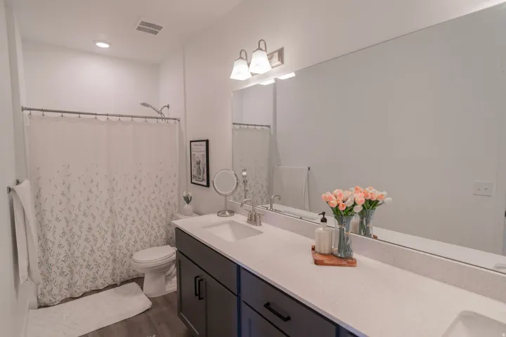 Full-width vanity mirror, dual under-mount sinks, dark cabinetry with modern hardware, light-toned countertop, and wood-finish flooring