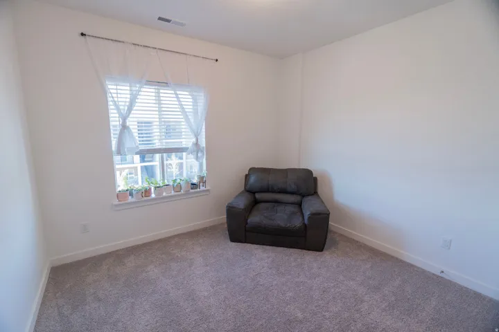 Neutral tone wall paint with window, blinds, and light-colored carpet flooring