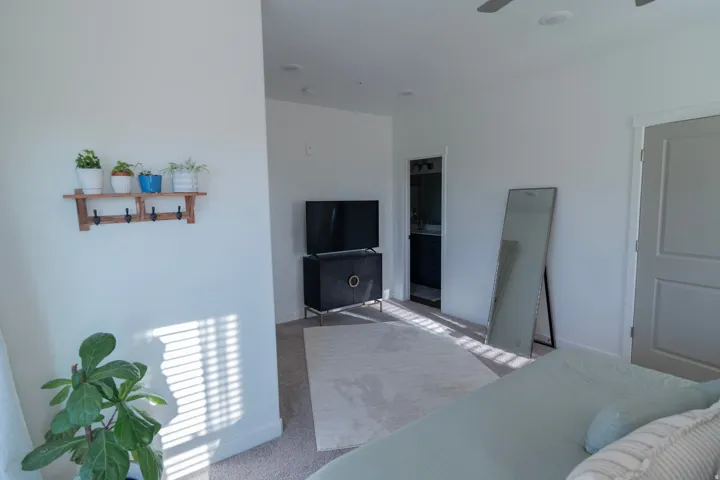 Plush carpeting and a built-in wall shelf with hooks