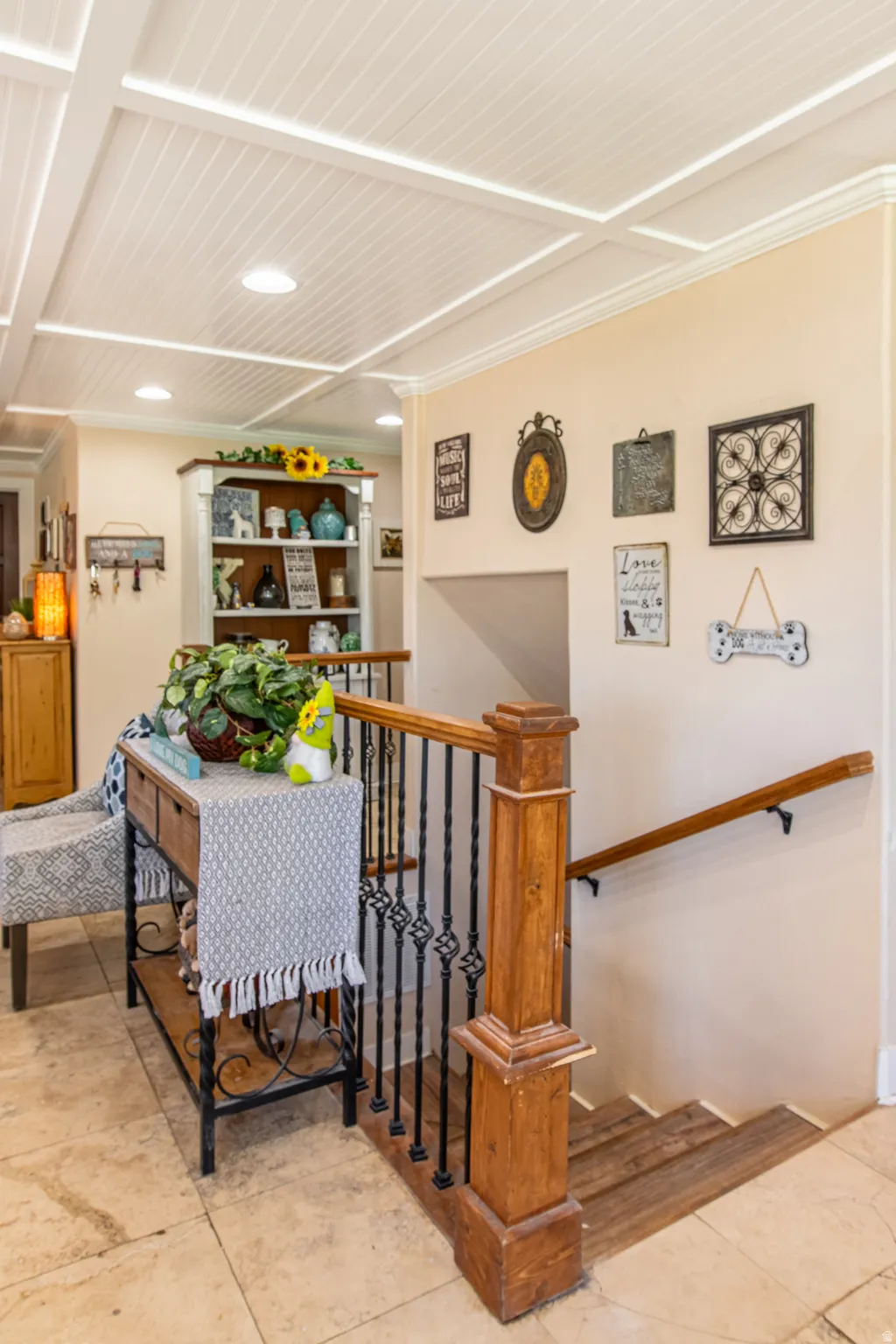 White coffered ceiling with recessed lighting