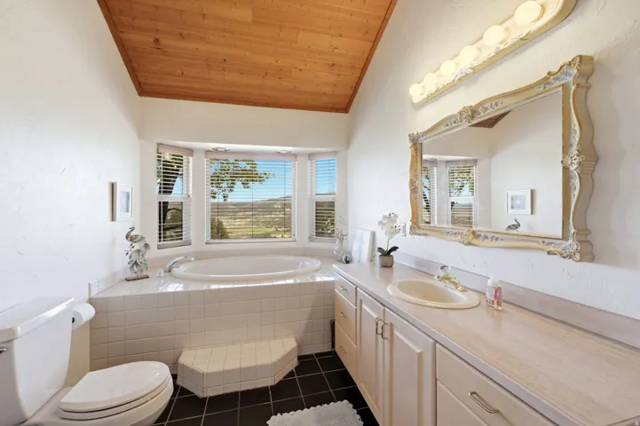 Spa-inspired primary bathroom featuring a soaking tub with tile surround, dual-sink vanity with light wood cabinetry and quartz countertop, decorative framed mirror, recessed and linear ceiling lighting, and expansive windows with scenic vistas