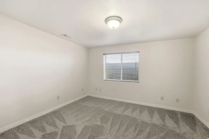 Neutral wall paint, patterned carpet flooring, single window with blinds, and a flush-mount ceiling light